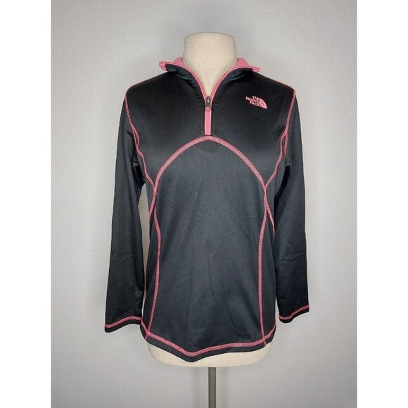 North Face Girls XL 1/4 Zip 100% polyester Classic Pullover Black Pink Stitching - Picture 1 of 16